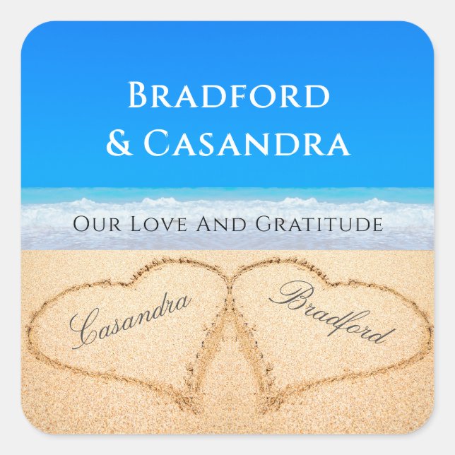  Blue Beach Wedding 2 Hearts in the Sand Stickers  (Front)