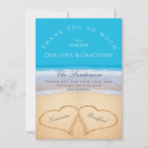 Blue Beach Wedding 2 Hearts in the Sand Thank You Card