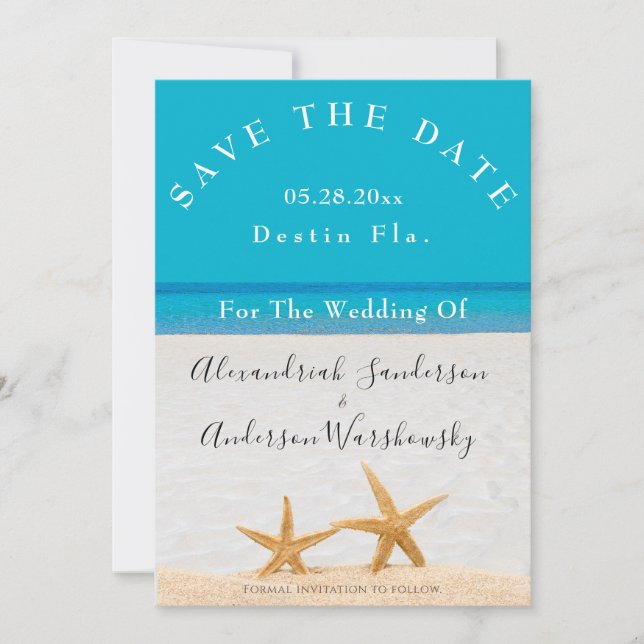 Blue Beach Wedding 2 Starfish  Sand Save the Date Invitation (Front)
