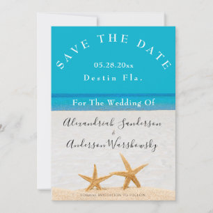 Blue Beach Wedding 2 Starfish Sand Save the Date Invitation