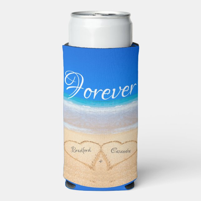  Blue Beach Wedding Hearts in Sand Guest Keepsake  Seltzer Can Cooler (Seltzer Front)
