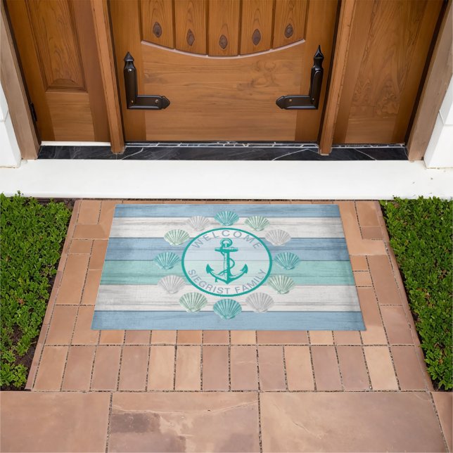 Blue Beach Wood Nautical Seashells & Anchor  Doormat (Outdoor)