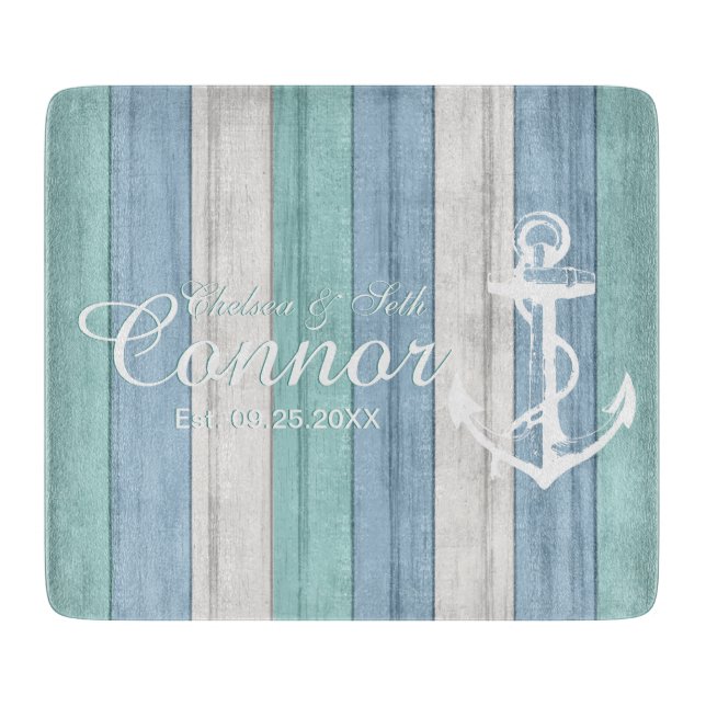 Blue Beach Wood Nautical Stripes & Anchor Cutting Board (Front)