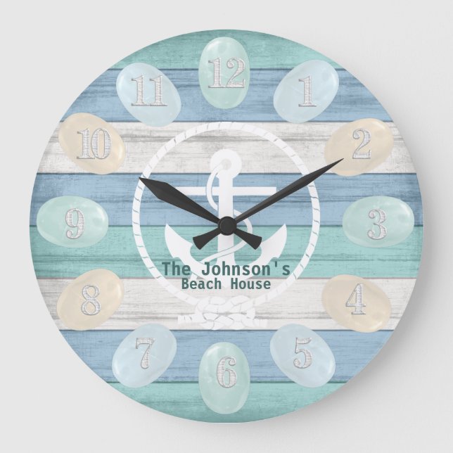 Blue Beach Wood Sea Glass & Anchor Large Clock (Front)