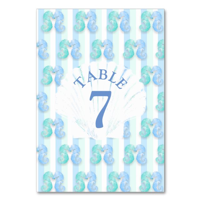 Blue Beachy Seahorse Wedding Table Number Card (Front)