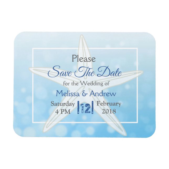 Blue Beachy Starfish Wedding Save the Date Magnet (Horizontal)