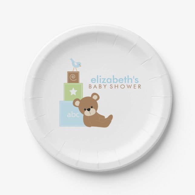 Blue Bear and Toy Blocks Baby Shower Paper Plate (Front)