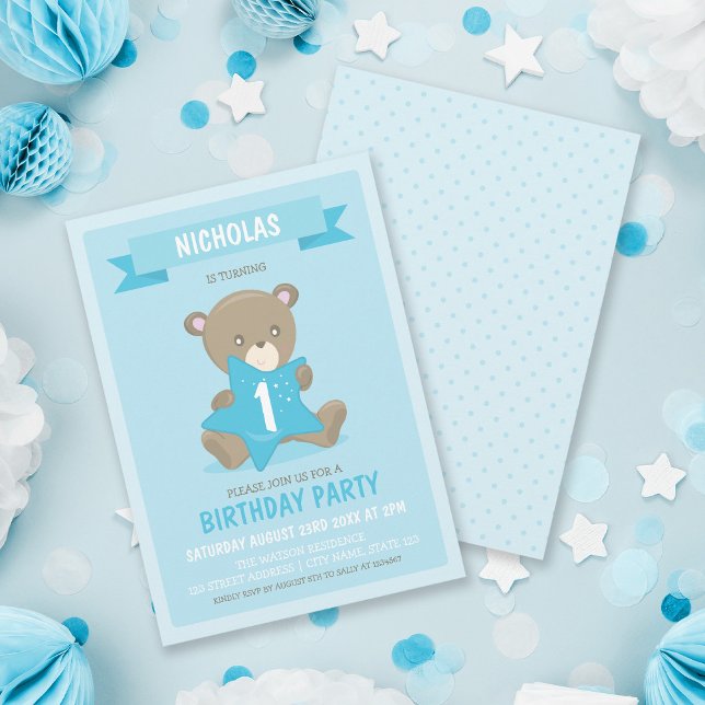 Blue Bear Any Age or First Birthday Invitation (Creator Uploaded)