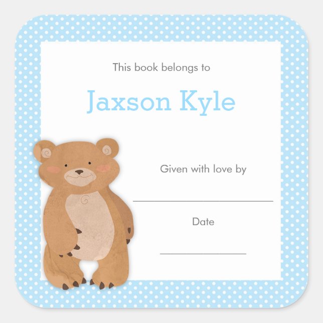 Blue Bear Baby Shower Bookplate, boy book plate Square Sticker (Front)