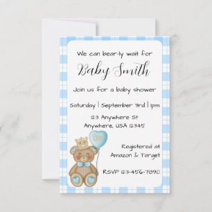 Blue Bear Baby Shower Invitation for Baby Boy