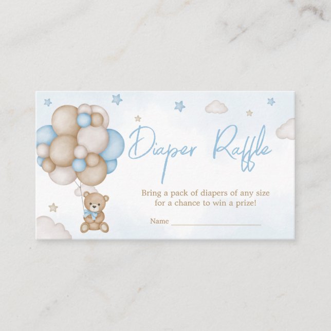 Blue Bear Balloon Baby Shower Diaper Raffle Enclosure Card (Front)