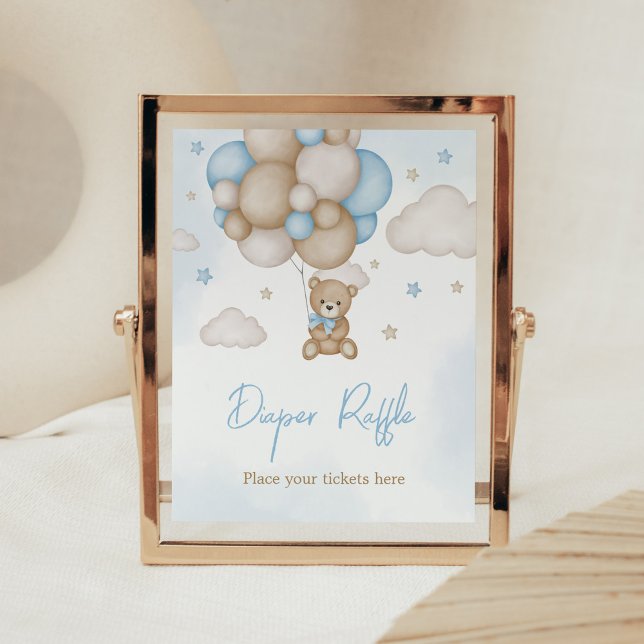 Blue Bear Balloon Baby Shower Diaper Raffle Poster (Teddy Bear Balloon Baby Shower Diaper Raffle Sign)