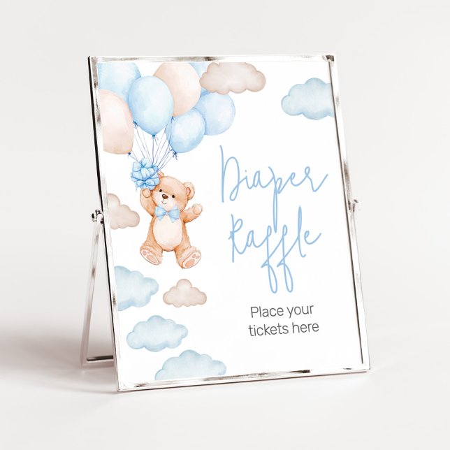Blue Bear Balloon Baby Shower Diaper Raffle Poster (Blue Baby Bear Balloon Baby Shower Diaper Raffle Sign)