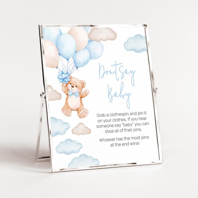 Blue Bear Balloon Baby Shower Don't Say Baby Poster (Blue Baby Bear Balloon Baby Shower Don't Say Baby Sign)
