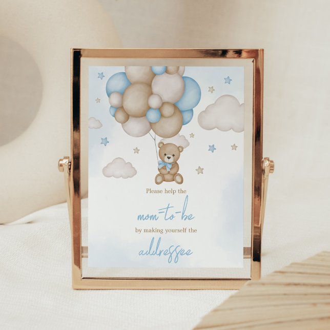 Blue Bear Balloon Baby Shower Envelope Station Poster (Teddy Bear Balloon Baby Shower Envelope Station Sign)
