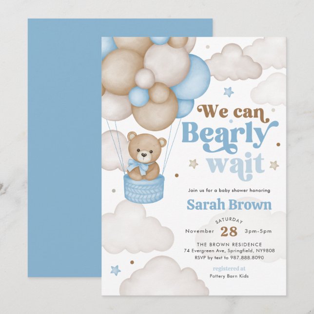 Blue Bear Balloon Baby Shower Invitation (Front/Back)