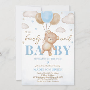 Blue Bear Balloon Baby Shower Invitation