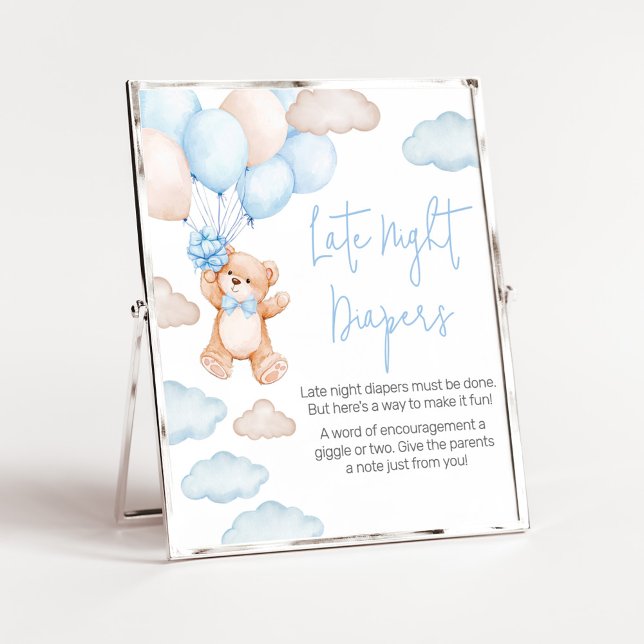 Blue Bear Balloon Baby Shower Late Night Diapers Poster (Blue Baby Bear Balloon Baby Shower Late Night Diapers Sign)