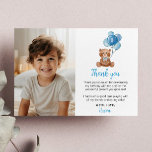 Blue Bear Balloon Birthday Photo Thank You Card