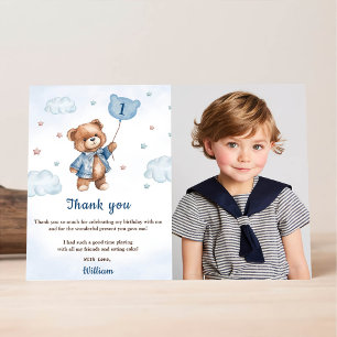 Blue Bear Balloon Birthday Photo Thank You Card