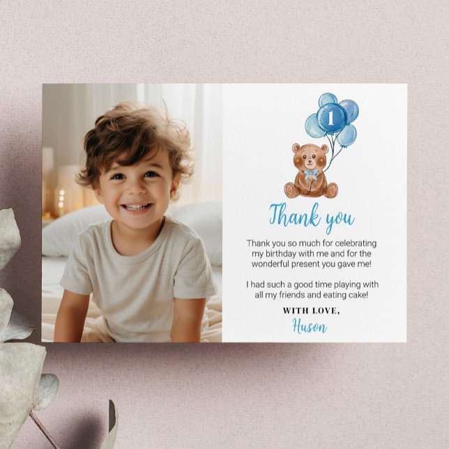 Blue Bear Balloon Birthday Photo Thank You Card (Creator Uploaded)