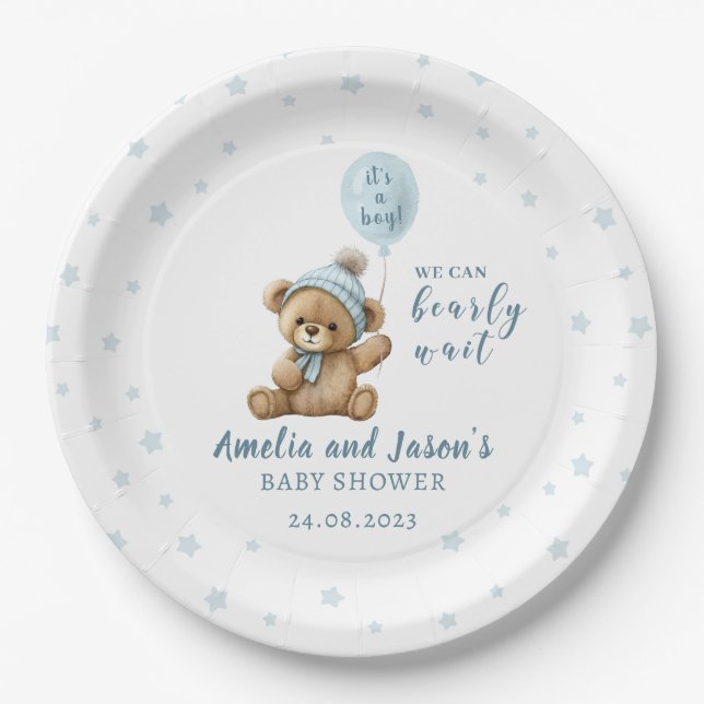Blue bear balloon boy baby shower paper plates (Front)