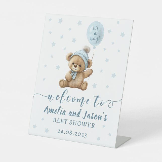 Blue bear balloon boy baby shower welcome sign (Front)