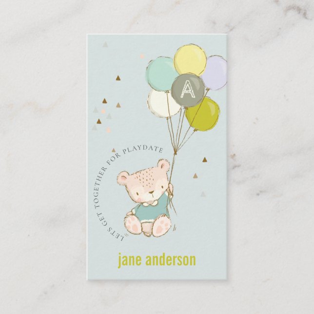 Blue Bear Balloon Monogram Kids Playdate Calling Business Card (Front)