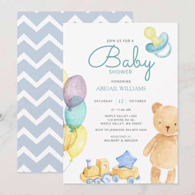 Blue Bear & Balloon Watercolor - Cute Baby Shower Invitation (Front/Back)