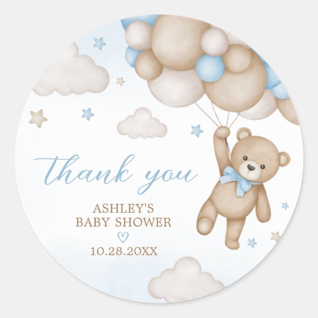 Blue Bear Balloons Baby Shower Classic Round Sticker (Front)