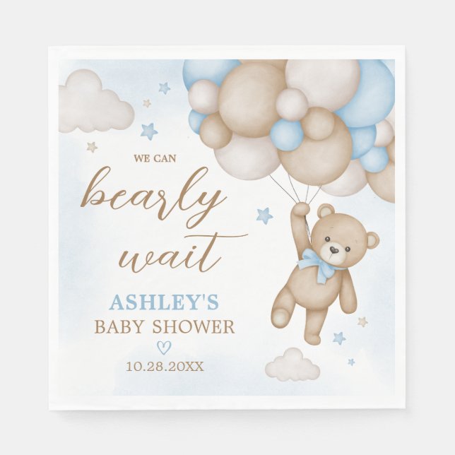 Blue Bear Balloons Baby Shower Napkin (Front)