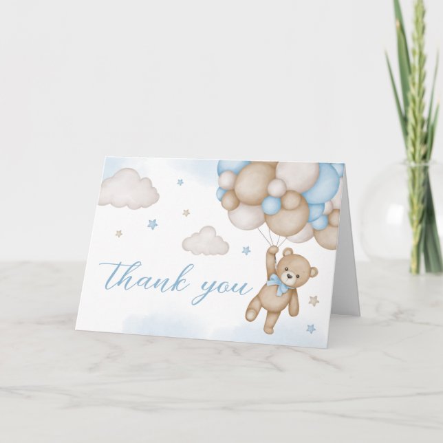 Blue Bear Balloons Baby Shower  Thank You Card (Front)