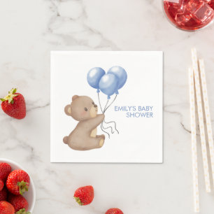 Blue Bear Balloons Boy Baby Shower Napkin
