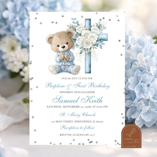 Blue Bear Baptism & First Birthday Invitation (Creator Uploaded)