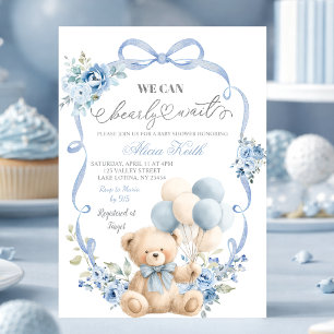 Blue Bear Bow Coquette Baby Shower Invitation