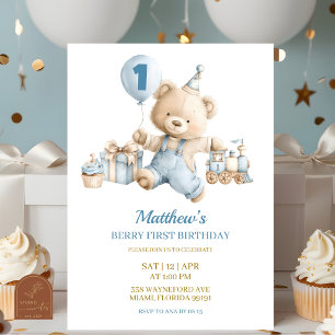 Blue Bear Boy Beary first birthday invitation