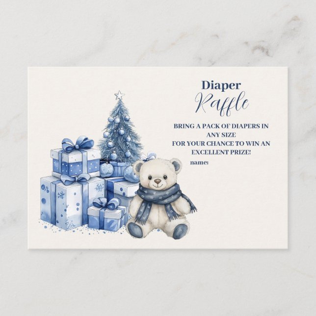 Blue Bear Christmas Baby Shower Diapper Raffle  Enclosure Card (Front)