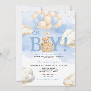 Blue Bear Cloud Balloon Baby Shower Invitation