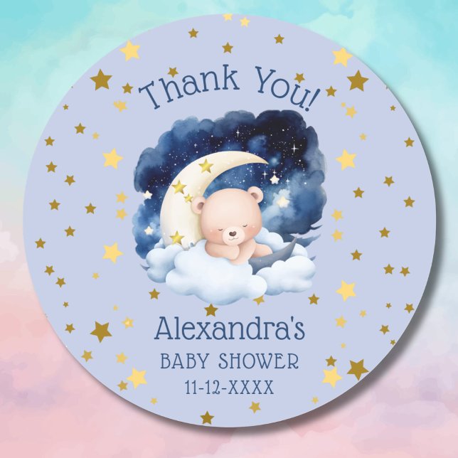 Blue Bear Gold Stars Moon Baby Shower Thank You Classic Round Sticker (Creator Uploaded)