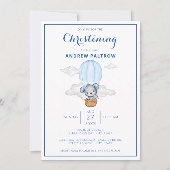 Blue Bear Hot Air Balloon Boy Christening Invitation (Front)