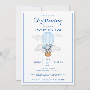 Blue Bear Hot Air Balloon Boy Christening Invitation