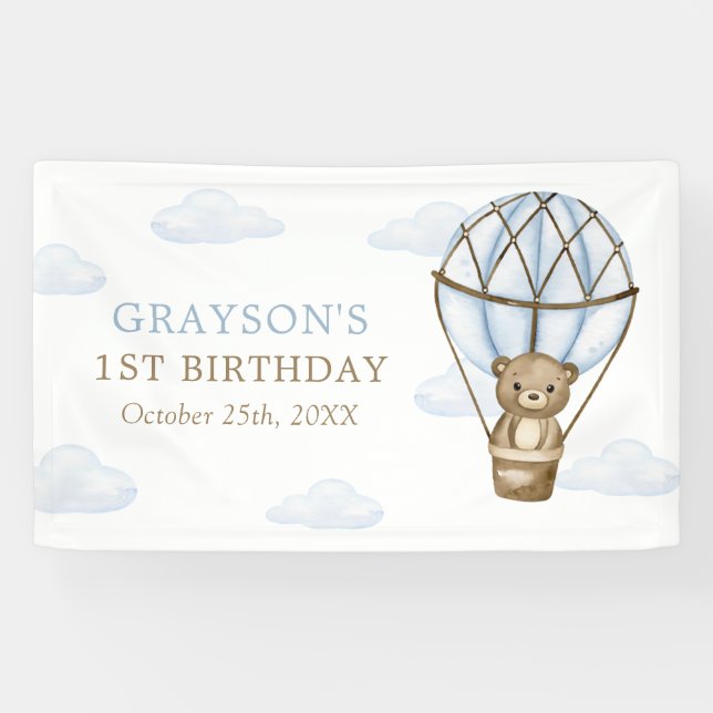 Blue Bear Hot Air Balloon Boys 1st Birthday Banner (Horizontal)
