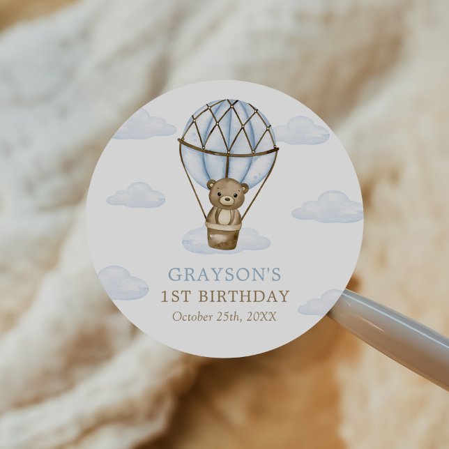 Blue Bear Hot Air Balloon Boys 1st Birthday Classic Round Sticker (Creator Uploaded)
