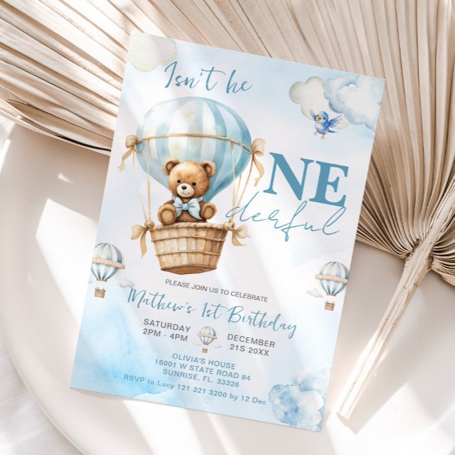 Blue Bear Hot Air Balloon Boys 1st Birthday  Invitation (Creator Uploaded)