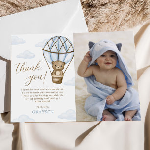 Blue Bear Hot Air Balloon Boys 1st Birthday Photo Thank You Card