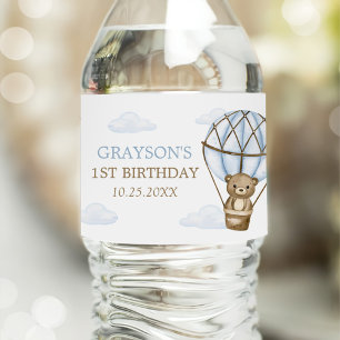 Blue Bear Hot Air Balloon Boys 1st Birthday Water Bottle Label