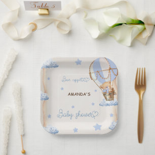Blue Bear Hot Air Balloons Baby Shower Rustic Paper Plate