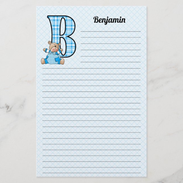 Blue Bear Mongrammed B Lined for Kids Stationery (Front)