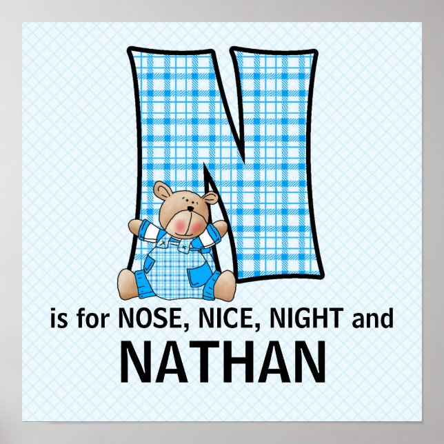 Blue Bear Monogram "N" Baby Room Poster (Front)