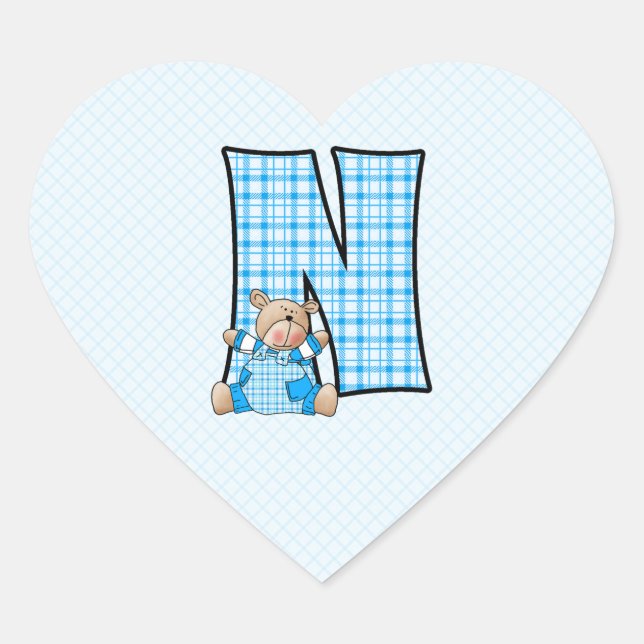 Blue Bear Monogram with a BIG Letter N Heart Sticker (Front)